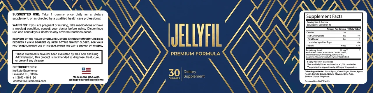 JellyFil bottle label artwork showing the Supplement Facts panel and the 82 mg proprietary blend