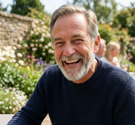 A grey-bearded man laughing in a garden
