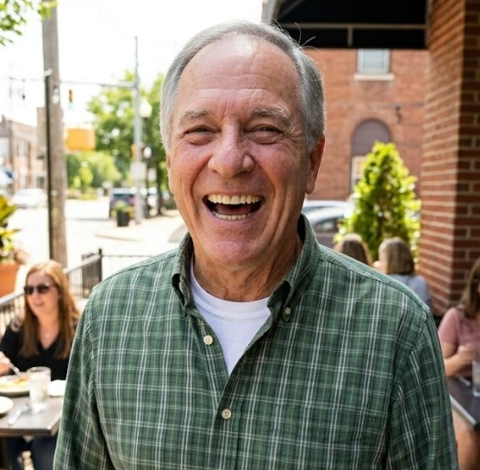 A JellyFil customer laughing on a city street