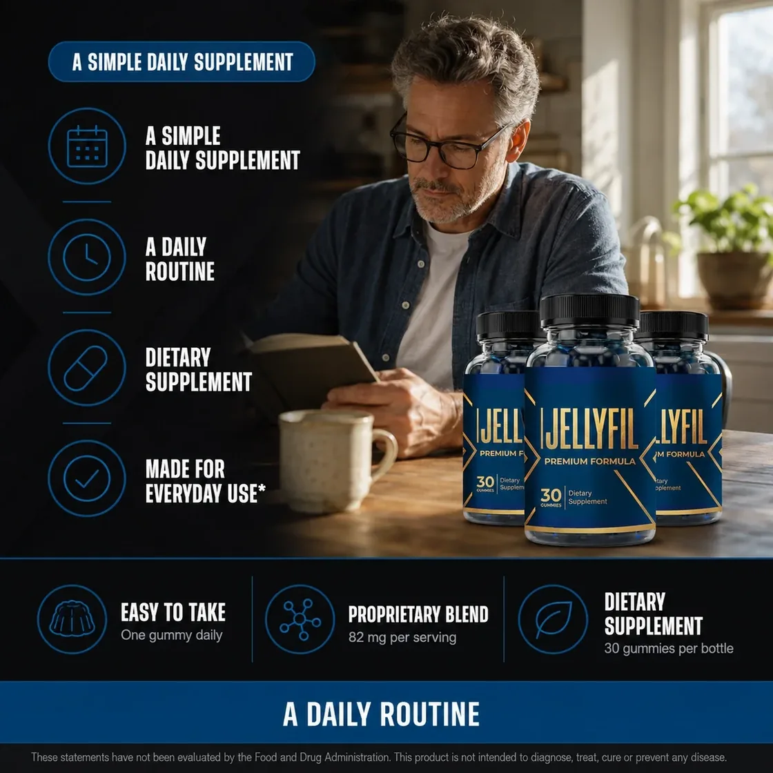 JellyFil benefits overview: a simple daily supplement for men with a bottle and benefit icons