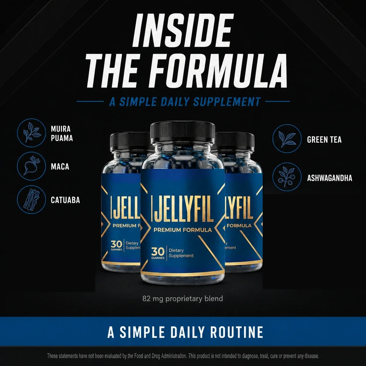 Inside the JellyFil formula: Muira Puama, Maca and Catuaba shown either side of the bottle