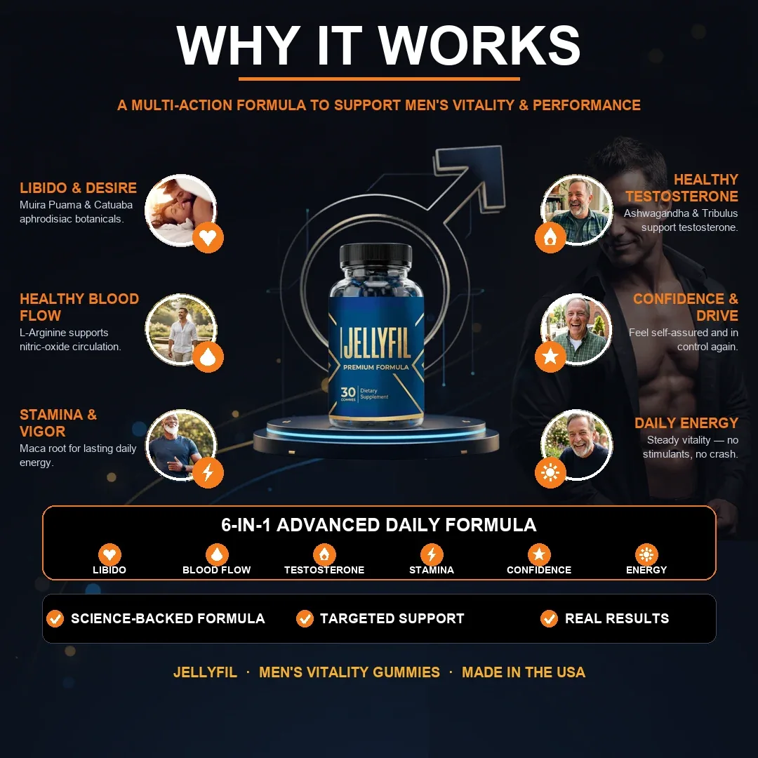 JellyFil benefits panel: six supported areas shown around the bottle