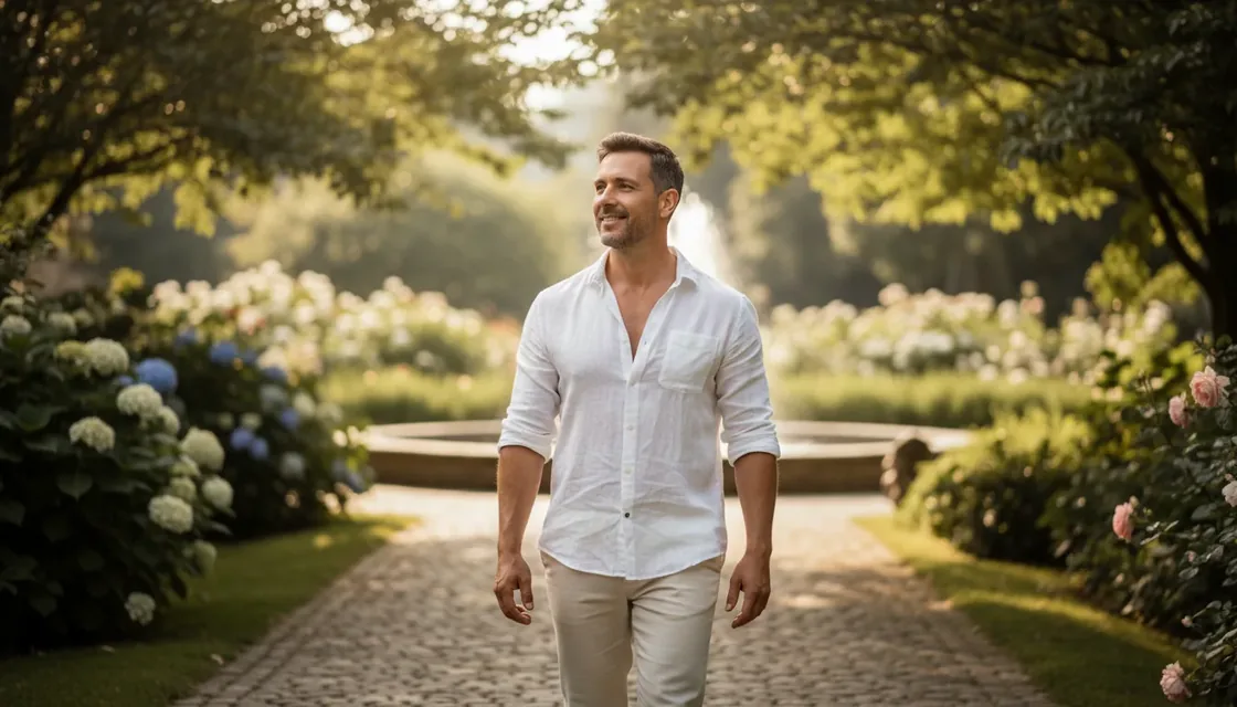 A smiling man walking a sunlit garden path