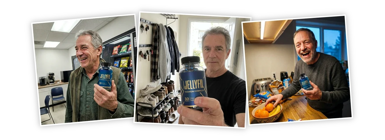 Three customer photographs of JellyFil buyers