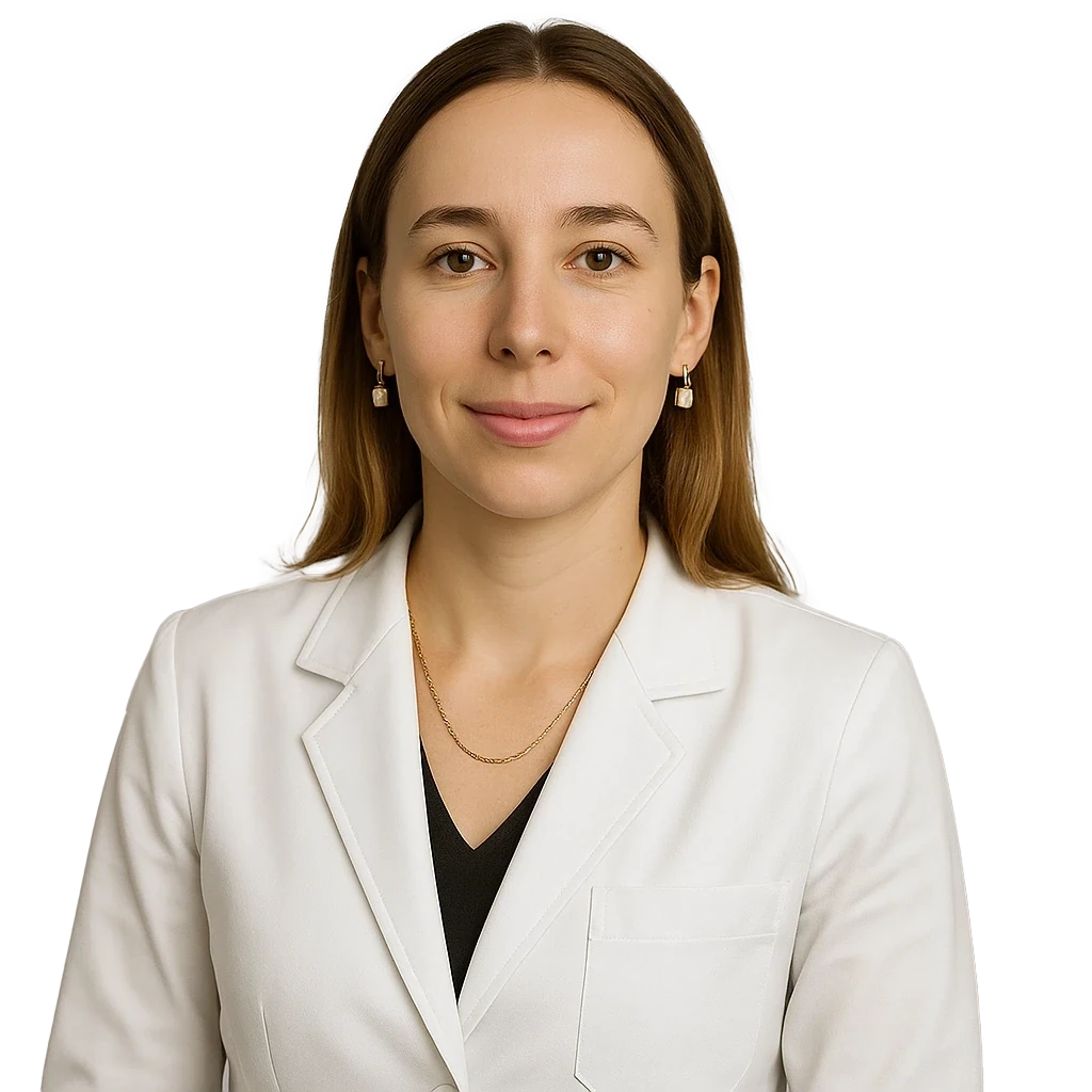 A stock photograph of a woman in a white lab coat
